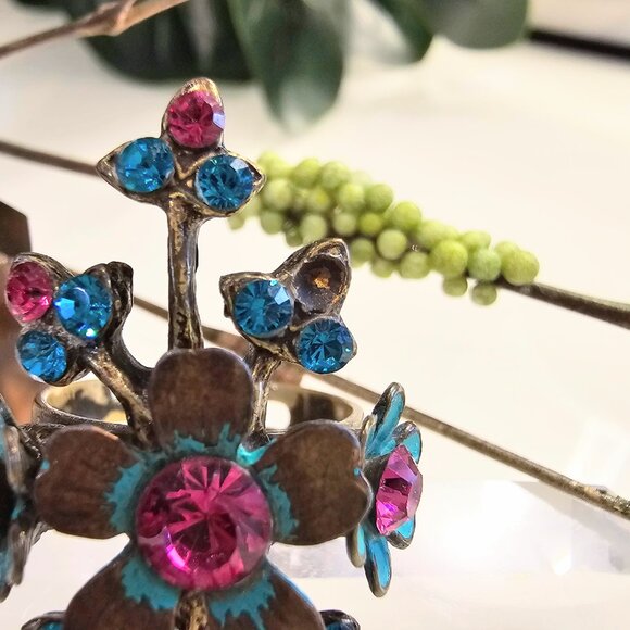 Vintage Michal Negrin Swarovski Teal Floral RIng - Picture 5 of 7